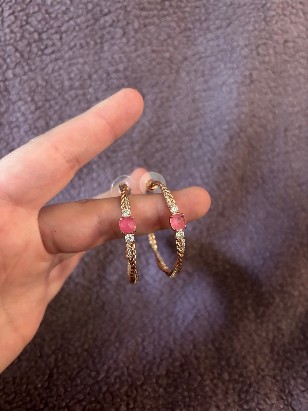 Gold Hoop Earrings with Pink Stone- BP